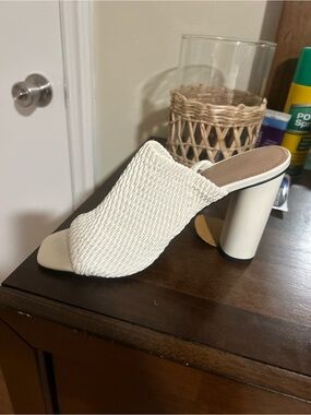 BCBG White Woven Block Heel Mule